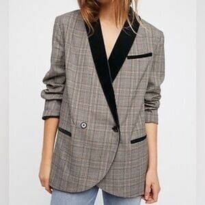 Free People Plaid Green Velvet Trim Blazer Jacket Womens L oversized